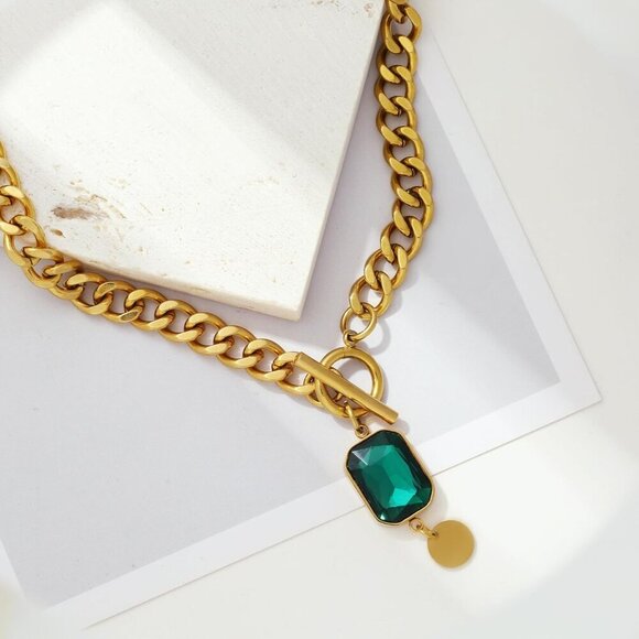 🆕 Women Gold Pendant Toggle Necklace Thick Cuban Curb Chain Gemstone Jewelry - Picture 3 of 7